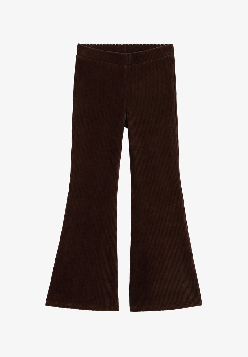 Pantalon évasé en velours côtelé marron foncé, taille haute avec ceinture élastique, présenté sur fond blanc.