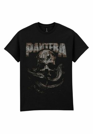 Camiseta negra de algodón con un gráfico desgastado de un cráneo y una serpiente, con la palabra "PANTERA" en letras grandes y envejecidas.