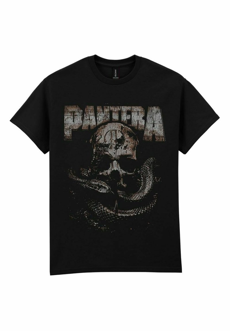 Svart bomull t-skjorte med et slitt motiv av et hodeskalle og en slange, med ordet "PANTERA" i store, værbitte bokstaver.