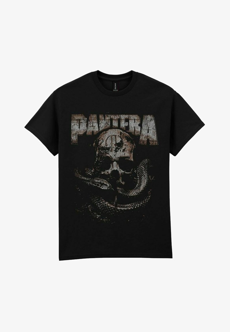 Černé bavlněné tričko s opotřebovanou grafikou lebky a hada se slovem "PANTERA" ve velkých, ošuntělých pístech.