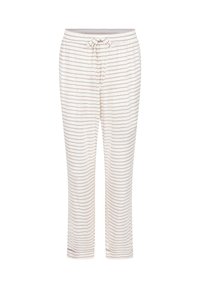 Gestreepte loungebroek met een trekkoord in de taille. Gemaakt van zacht stof in crème met dunne bordeauxrode strepen die horizontaal lopen. Losse pasvorm.
