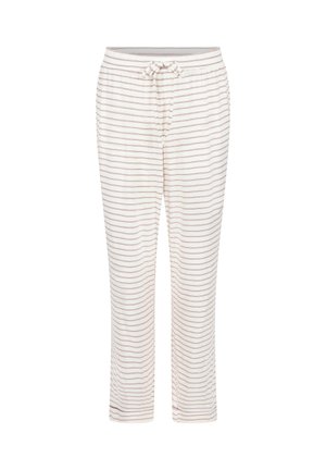 Gestreepte loungebroek met een trekkoord in de taille. Gemaakt van zacht stof in crème met dunne bordeauxrode strepen die horizontaal lopen. Losse pasvorm.