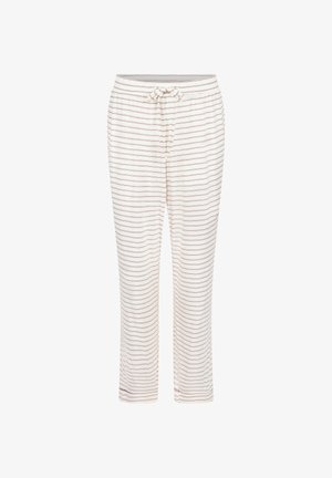 Gestreepte loungebroek met een trekkoord in de taille. Gemaakt van zacht stof in crème met dunne bordeauxrode strepen die horizontaal lopen. Losse pasvorm.