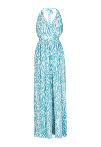 Rochie maxi în imprimeu zebrat turcoaz și alb, cu guler halter, decolteu în V, talie elastică și material fluid cu o textură moale.