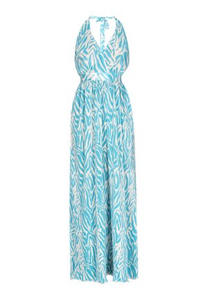 Maxi obleka v turkizni in beli zebrin vzorcu, z vrvico za vrat, V-izrezom, elastičnim pasom in tekočim materialom z mehko teksturo.