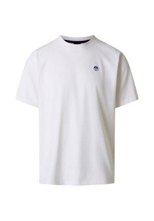 Maglietta bianca semplice a maniche corte con scollo tondo e piccolo logo bussola blu sul lato sinistro del petto.