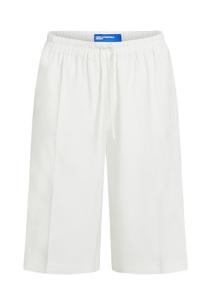 Shorts blancs longueur genou avec taille élastique et cordon de serrage, avec une étiquette visible bleu Karl Lagerfeld Jeans à l'intérieur.