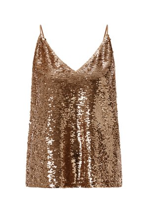 Brončana posuta top s prilagodljivimi naramnicami, z V-izrezom in ohlapnim krojem, ki prikazuje sijočo, teksturirano površino.