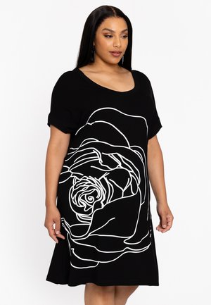 Zwart jurk met korte mouwen met een ontwerp van een witte rozenomtrek, ontspannen pasvorm, knie-lengte, zachte stof en opgerolde mouwen.
