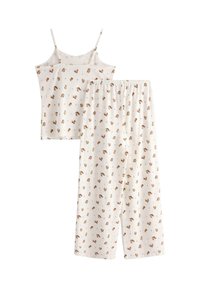 Biały zestaw piżamowy z topem na cienkich ramiączkach i szerokimi spodniami, oba z wzorem małej brązowej wiewiórki i niebieskich kwiatów.