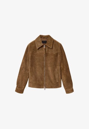 Brun ruskindsjakke med krave, lynlås foran, to sidelommer og en tekstureret overflade med få detaljer.