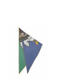 Foulard en soie avec des triangles verts et bleus, présentant un design graphique agrémenté de accents noir et or, avec un bord piqué en jaune.