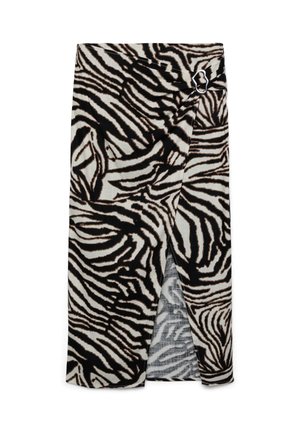 Gonna a portafoglio a righe zebrate in bianco e nero con spacco frontale e dettaglio fibbia argentata in vita.