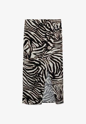 Gonna a portafoglio a righe zebrate in bianco e nero con spacco frontale e dettaglio fibbia argentata in vita.