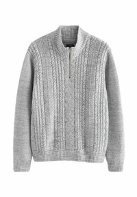 Gray knitted sweater featuring a zippered collar, textured patterns, ribbed cuffs and hem, and a variety of cable knit designs.