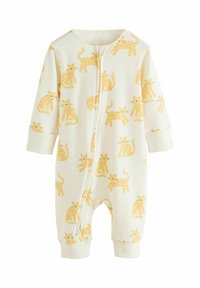 Żółty pajacyk dziecięcy w różne wzory kotów na kremowym tle, z przednim zamkiem błyskawicznym i długimi rękawami. Miękka tkanina.