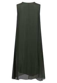 Ärmelloses langes Kleid in Dunkelgrün, aus leichtem Stoff gefertigt. Es hat eine glatte Textur und ein lockeres, fließendes Design.