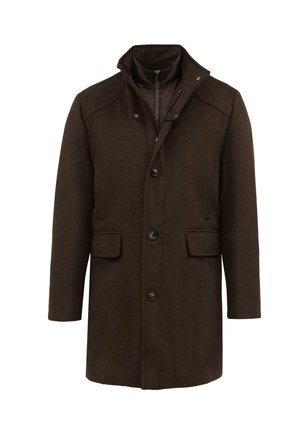 Brązowy płaszcz wełniany z wysokim kołnierzem, zapinany na guziki, z dwiema przednimi kieszeniami i podszewką o pikowanej fakturze.