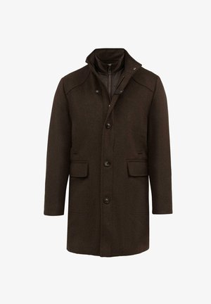 Brązowy płaszcz wełniany z wysokim kołnierzem, zapinany na guziki, z dwiema przednimi kieszeniami i podszewką o pikowanej fakturze.
