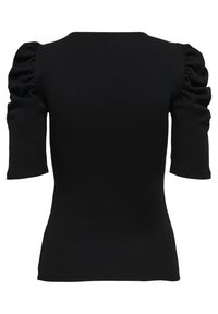 Černý žebrovaný top s krátkými nafouknutými rukávy, kulatým výstřihem a upnutým střihem. Žádné viditelné kovové prvky ani vzory.