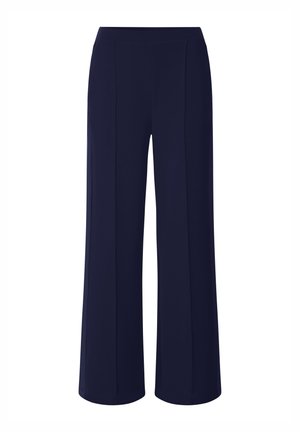 Navy wide-leg trousers made from a soft, stretchy fabric; features front pleats and an elastic waistband for comfort and ease of movement.