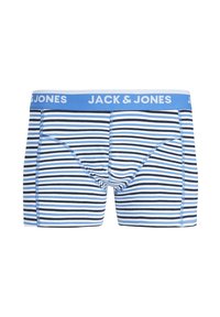 Herren Boxershorts in Marineblau und hellblauen Streifen. Hergestellt aus weichem Stoff mit einem blauen elastischen Bund, auf dem der Markenname "JACK & JONES" steht.