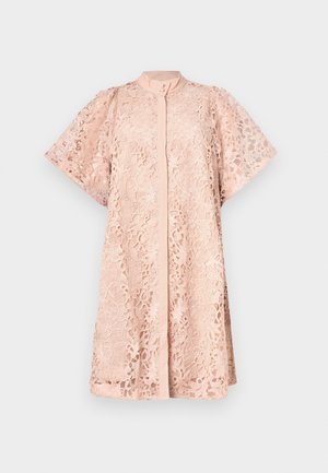 Lace dress in light pink with a high neckline, short sleeves, and floral patterns throughout. Button closure down the front.