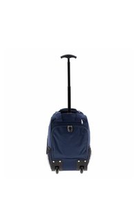 Borsa da viaggio blu navy con ruote, maniglia retrattile, doppie tasche laterali in rete, cerniere e base in plastica nera con ruote. Design rettangolare compatto.