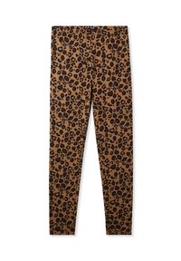 Leggings marroni con motivo a stampa leopardata nera. Tessuto morbido, design aderente e vita elasticizzata. Nessun elemento hardware o accentuazione visibile.