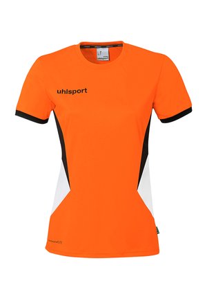 Fel oranje sportshirt met korte mouwen, zwarte en witte zijpanelen, zwarte mouwboorden en het "uhlsport"-logo op de borst.