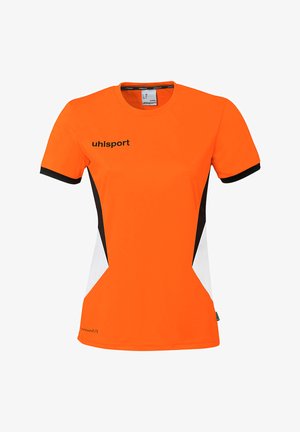 T-shirt de sport à manches courtes orange vif avec des panneaux latéraux noirs et blancs, un bord de manche noir, et le logo "uhlsport" sur la poitrine.