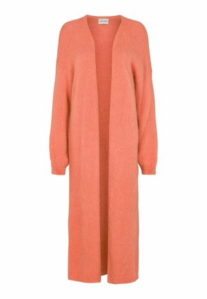 Long cardigan corail à ouverture frontale, manches longues et tissu tricoté doux et texturé.