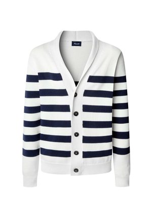 Granatowy i biały sweter w paski z dekoltem w serek, sześcioma czarnymi guzikami i ściągaczami przy rękawach. Wykonany z miękkiego materiału dzianinowego.