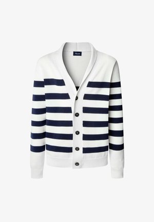 Granatowy i biały sweter w paski z dekoltem w serek, sześcioma czarnymi guzikami i ściągaczami przy rękawach. Wykonany z miękkiego materiału dzianinowego.