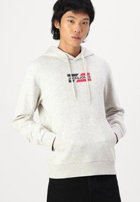 Lys grå hættetrøje med frontlomme, snortræk i hætten og multicolor logo print. Har ribbede manchetter og kant. Blød tekstur.