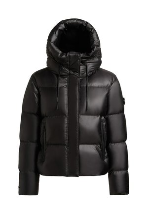 Black puffer jacket with a high collar, elastic drawstrings, and zippered side pockets. Features a glossy, quilted finish and cropped design.