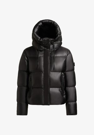 Black puffer jacket with a high collar, elastic drawstrings, and zippered side pockets. Features a glossy, quilted finish and cropped design.