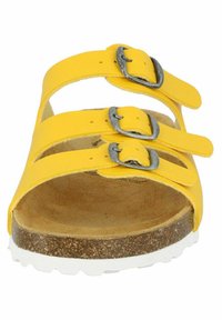 Yellow leather sandal with three adjustable straps and silver buckles; cork footbed; white rubber sole for enhanced comfort and support.