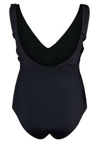 Maillot de bain une pièce noir avec un décolleté en V profond, des bretelles larges et un design sans couture pour une texture et un ajustement lisses.