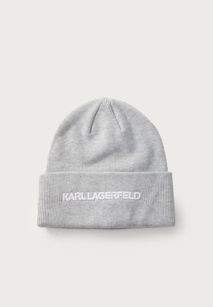Gray knitted beanie hat with a folded cuff, featuring white embroidered text "KARL LAGERFELD" on the front. Soft texture and fitted design.