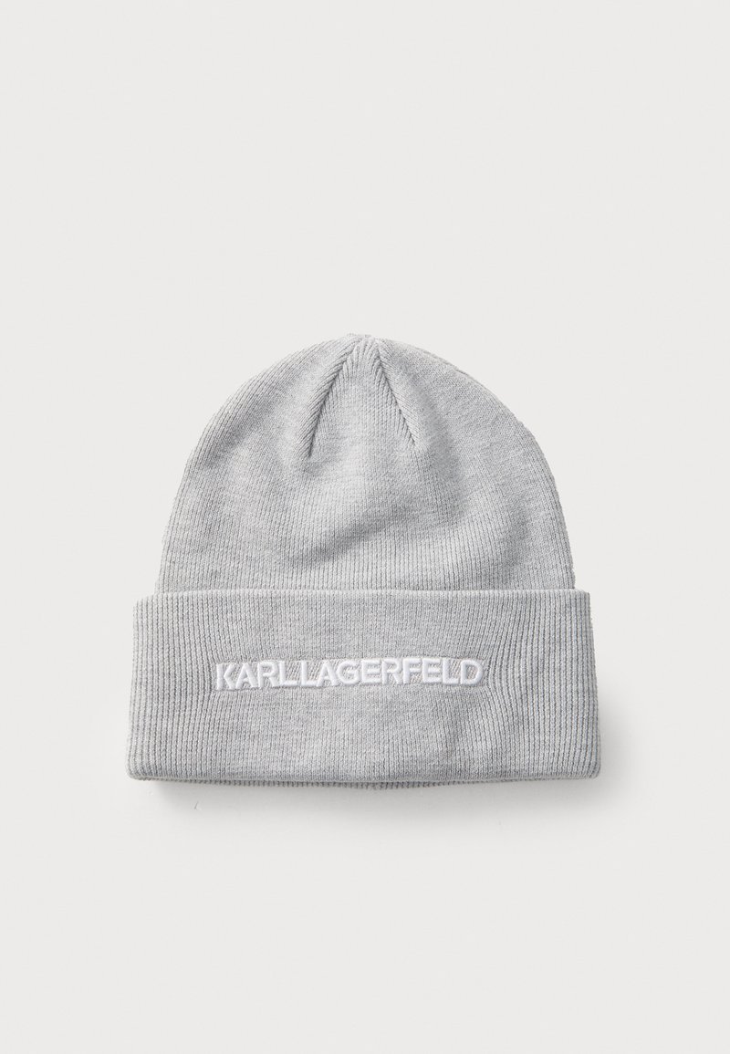 Gray knitted beanie hat with a folded cuff, featuring white embroidered text "KARL LAGERFELD" on the front. Soft texture and fitted design.