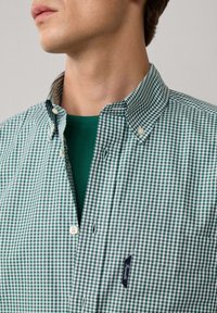 Hombre que lleva una camisa de cuadros verde y blanca sobre una camiseta verde de cuello redondo, con el cuello desabrochado.