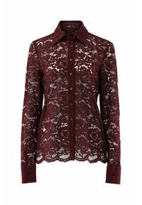 Burgunderfarbene Spitze-Bluse mit floralem Muster, langen Ärmeln, spitzem Kragen und gewelltem Saum. Mit Knöpfen entlang der Vorderseite und an den Handgelenken.