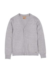 Grauer Cardigan mit V-Ausschnitt, langen Ärmeln, vorderer Knopfverschluss und zwei Taschen. Verfügbar in einer glatten Textur und einem subtilen Strickmuster.