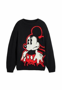 Sort strikket pullover med et stort rød- og hvidt Mickey Mouse grafik på fronten, rund halsudskæring og ribbede manchetter.