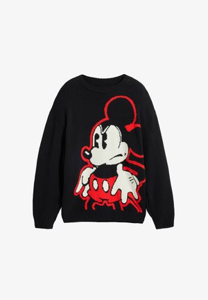 Schwarzer Strickpullover mit großem rot-weißen Mickey Mouse Grafik auf der Vorderseite, runder Ausschnitt und gerippten Bündchen.