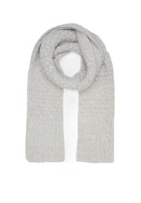 Écharpe en laine grise avec un motif texturé et des bords côtelés, fabriquée à partir d'un matériau doux, enroulée en boucle.