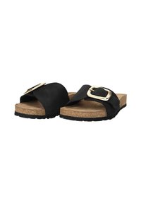 Black slide sandals with a wide top strap, gold rectangular buckle, cork footbed, and textured black rubber sole.