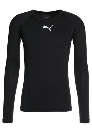 Langärmliges schwarzes Sportshirt aus dehnbarem Material, mit einem weißen Puma-Logo auf der Brust und einem runden Halsausschnitt.