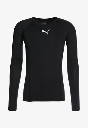 T-shirt de sport noir à manches longues fabriqué dans un matériau extensible, avec un logo Puma blanc sur la poitrine et un design à col rond.